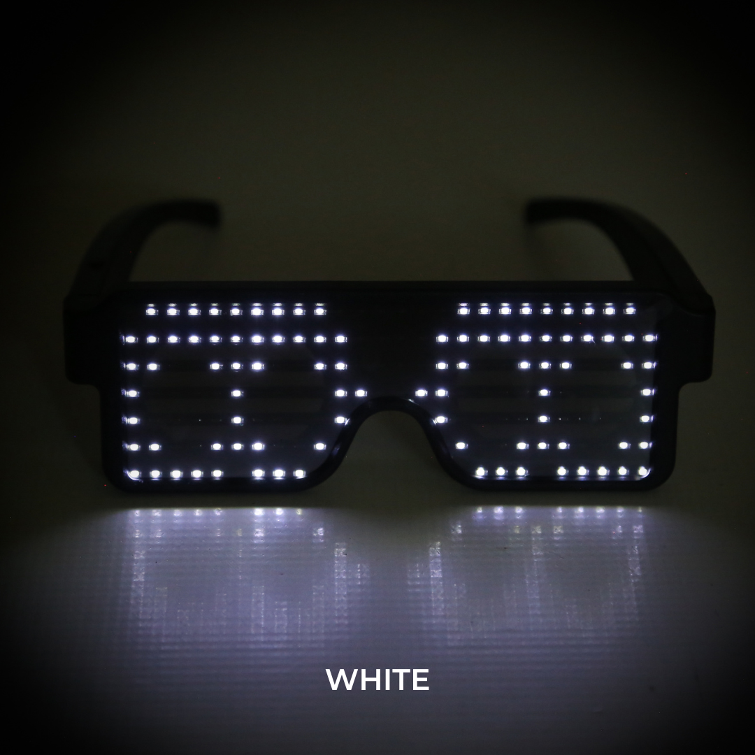 white LED customizable glasses Electro Glow | South Africa's Best LED Festival Gear & Rave Clothes - festivals outfits, clothes festival, festival clothing south africa, festival ideas outfits, festival outfits rave, festival wear, steam punk goggle, rave glasses, outfit for a rave, kaleidoscope glasses, diffraction glasses, clothes for a rave, rave sunglasses, spectral glasses, rave goggles, clothes for a rave, rave clothing south africa, festival wear south africa, accessories festival, rave sunglasses